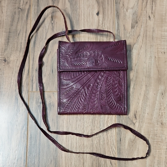 T. Saldivar Hand Tooled Leather Burgundy Plum Crossbody Bag - Picture 3 of 14